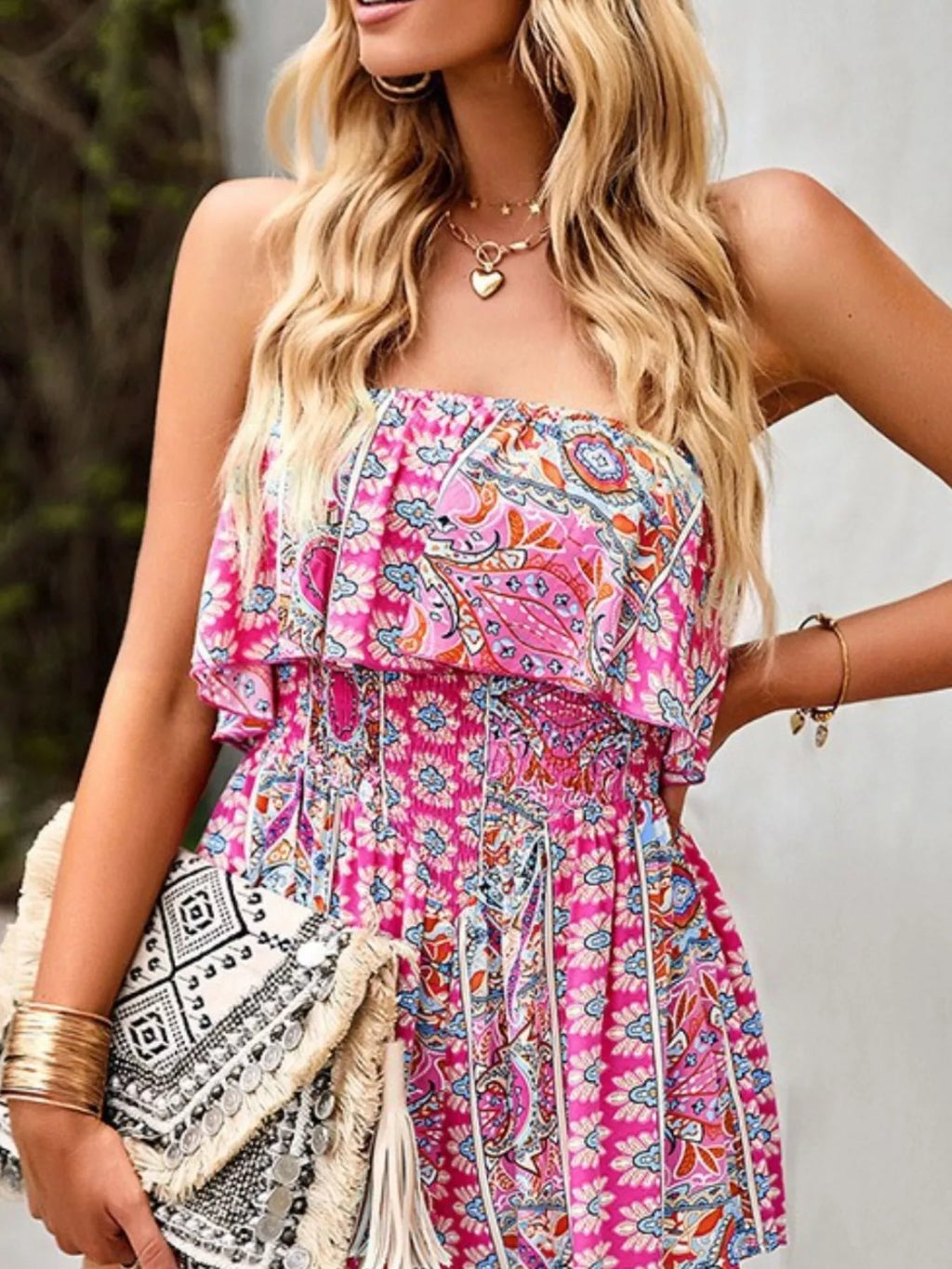 Printed Tube Smocked Waist Romper