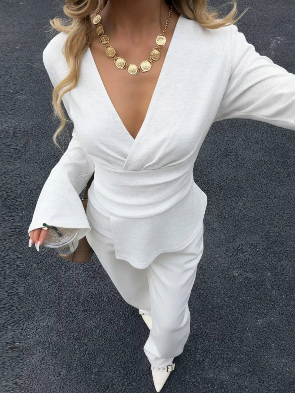 Elegant V-Neck Wrap Asymmetrical Blouse with Flared Sleeves