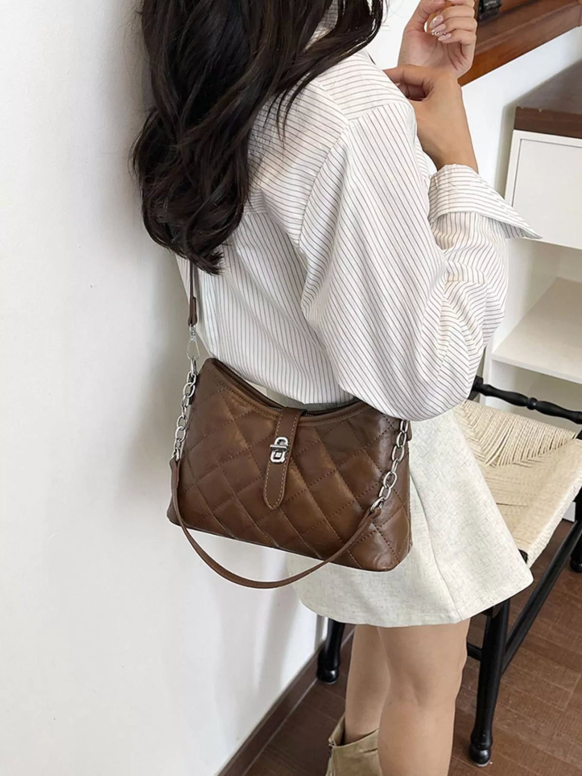 Lock Detail Quilted Shoulder Bag