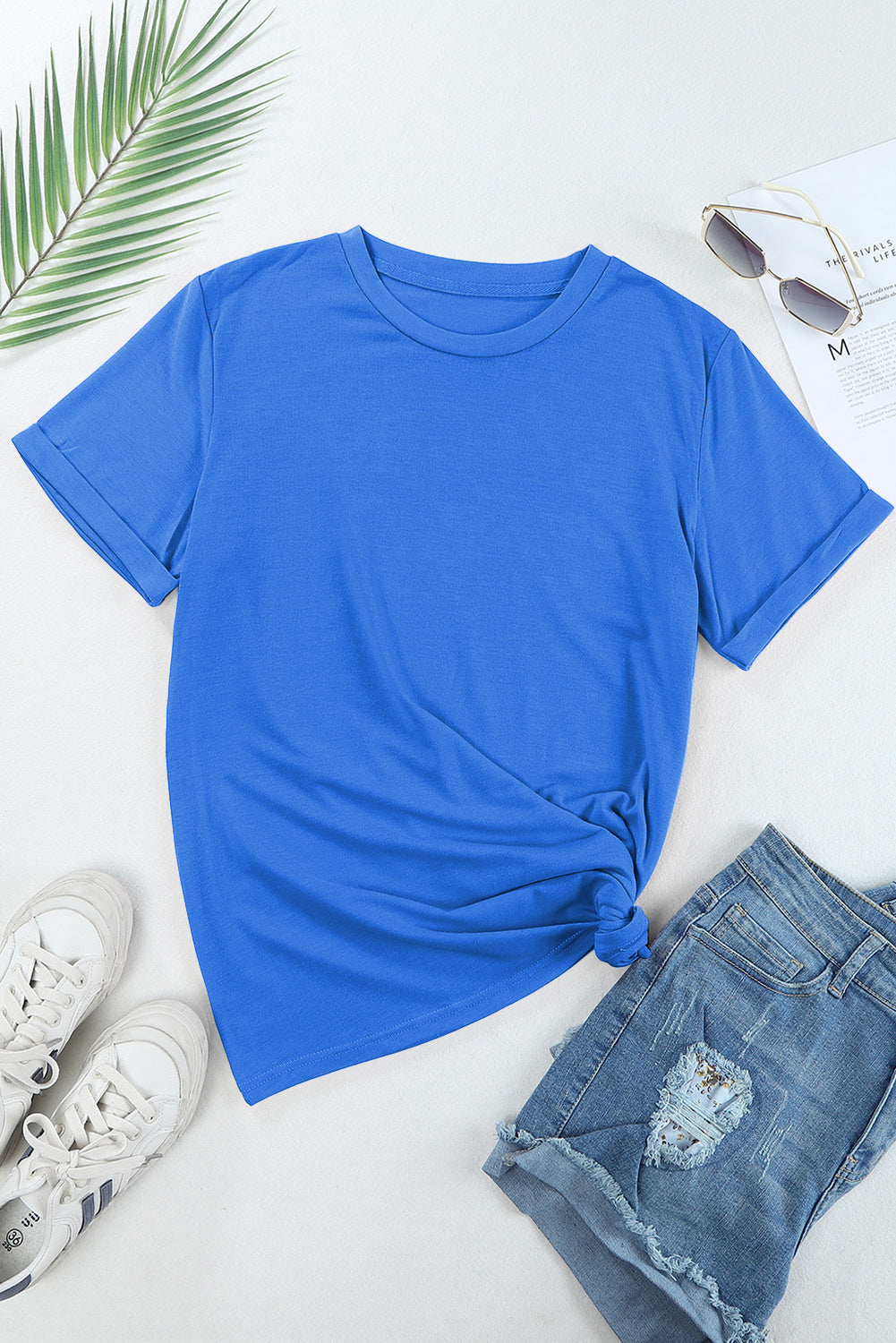 Dark Blue Casual Plain Crew Neck Tee