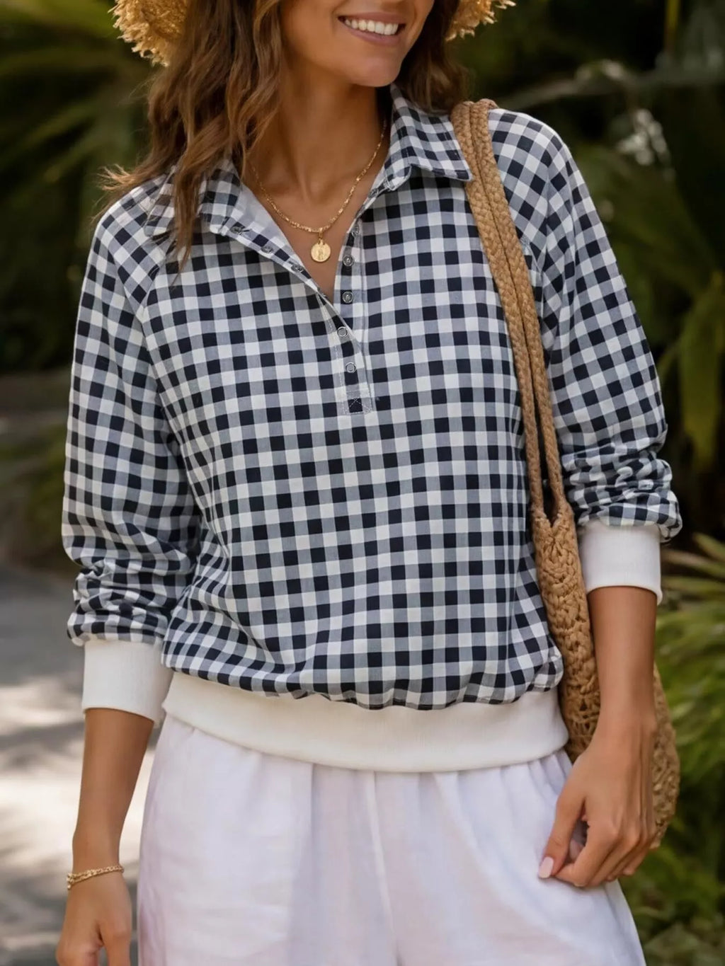 Gingham Plaid Collared Sweatshirt with Ribbed Hem