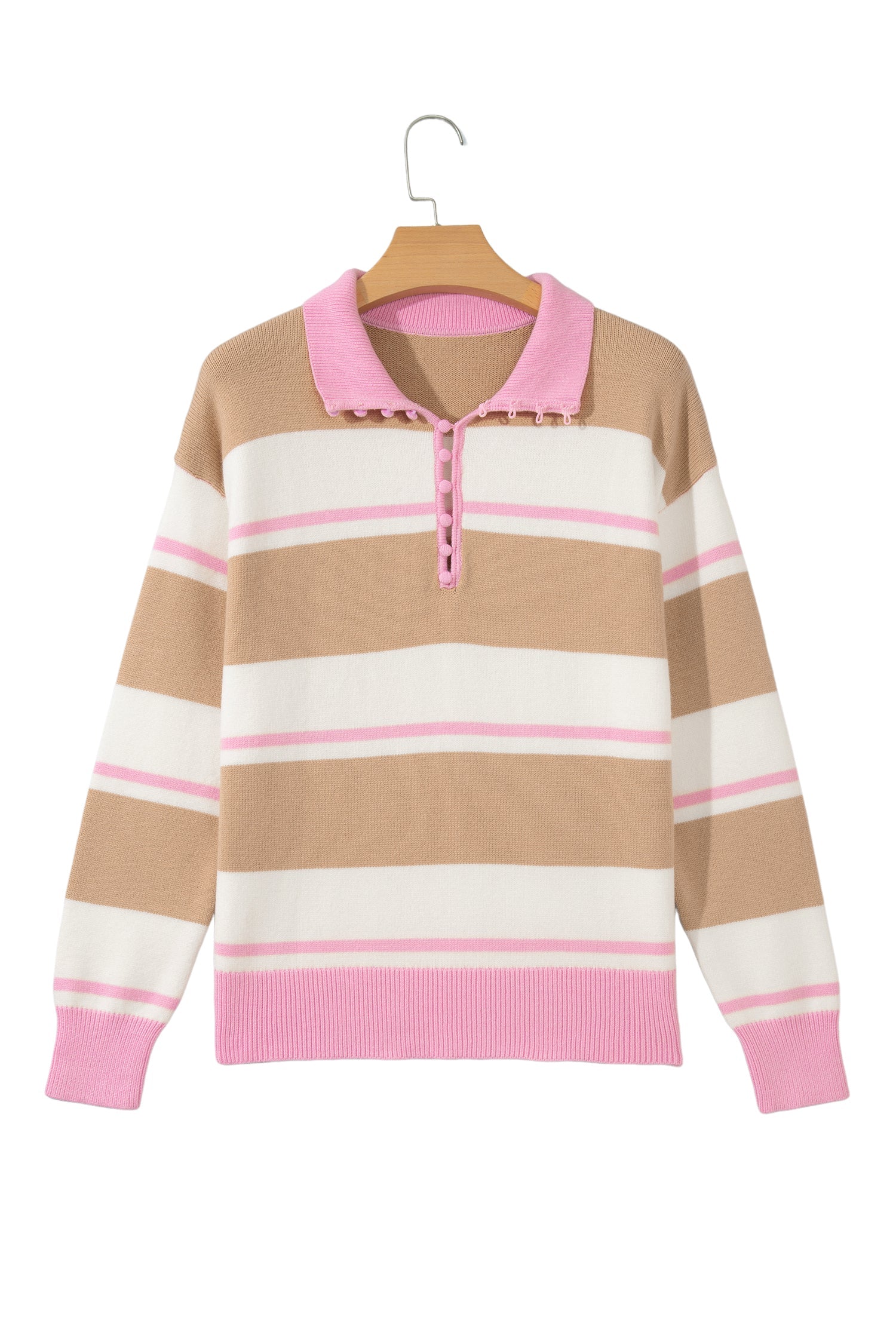Khaki Stripe Striped Drop Shoulder Button Placket Long Sleeve Sweater