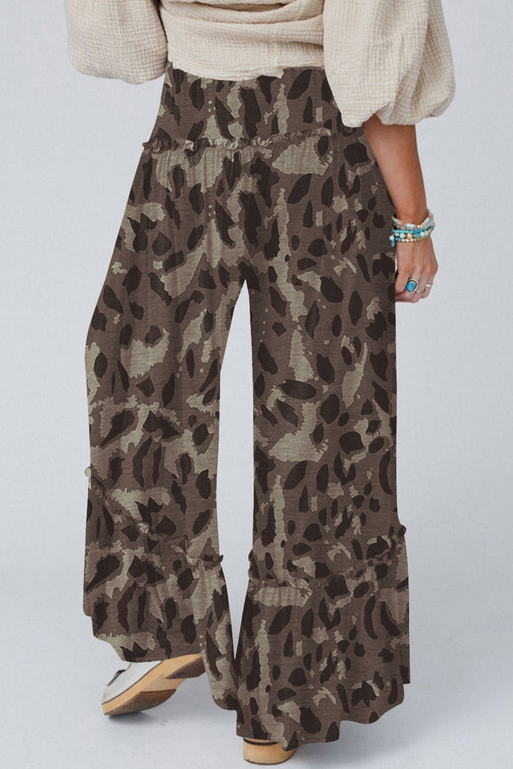 Brown Camo Print Wide Leg Casual Pants