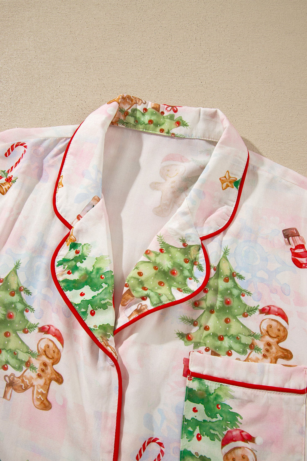 Pink Abstract Christmas Print Long Sleeve Two Piece Shift Lounge Set