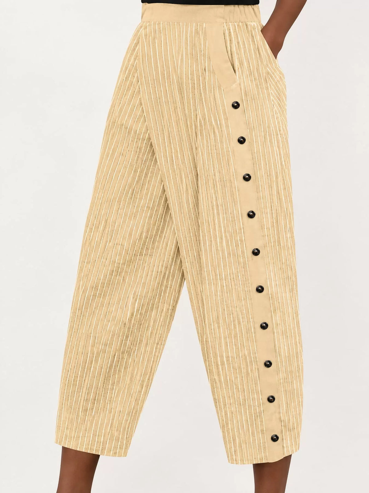 Striped Casual Pants with Side Button Detail