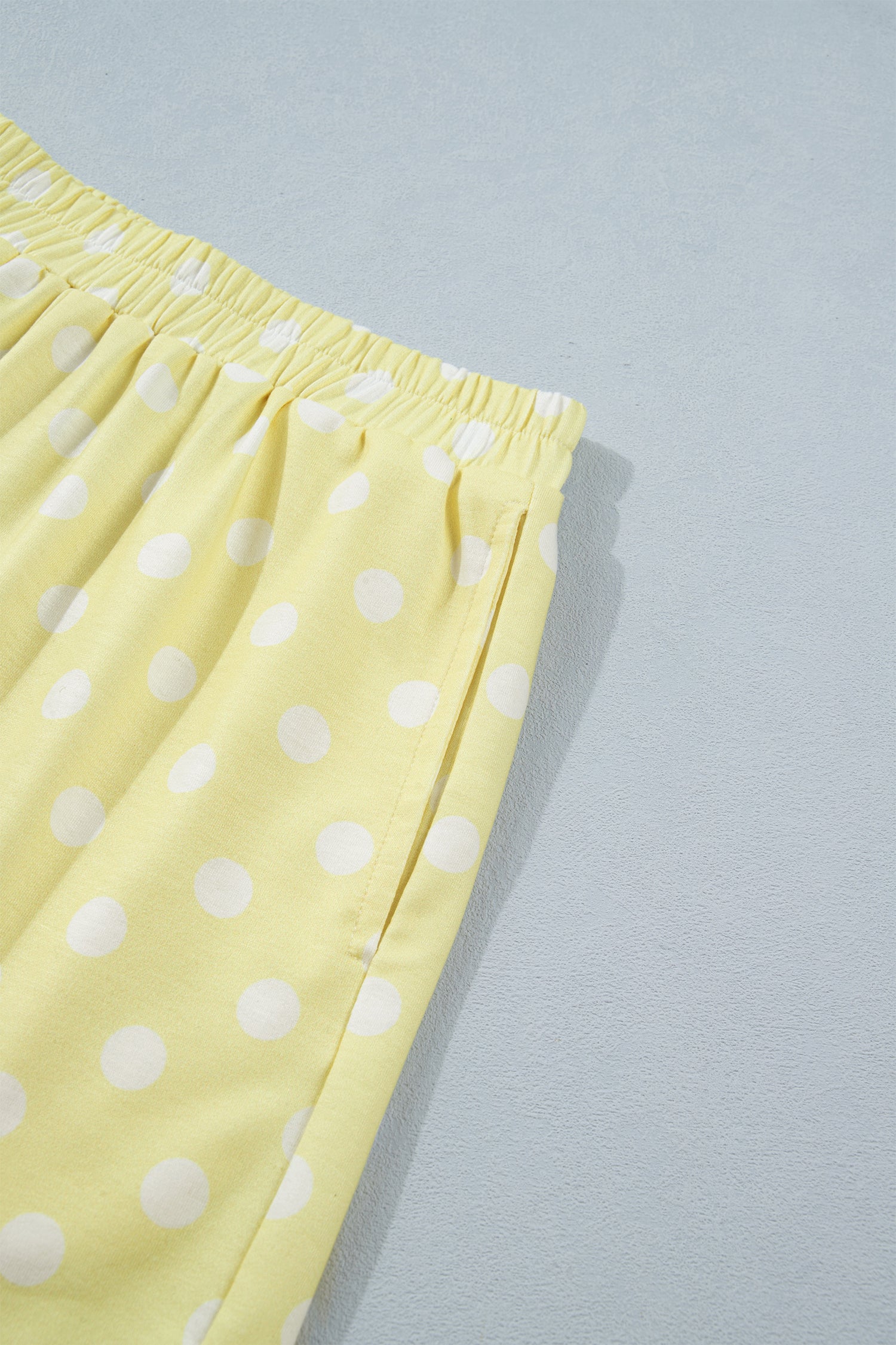 Yellow Polka Dot Print Color Block Trim Mock Neck Short Set