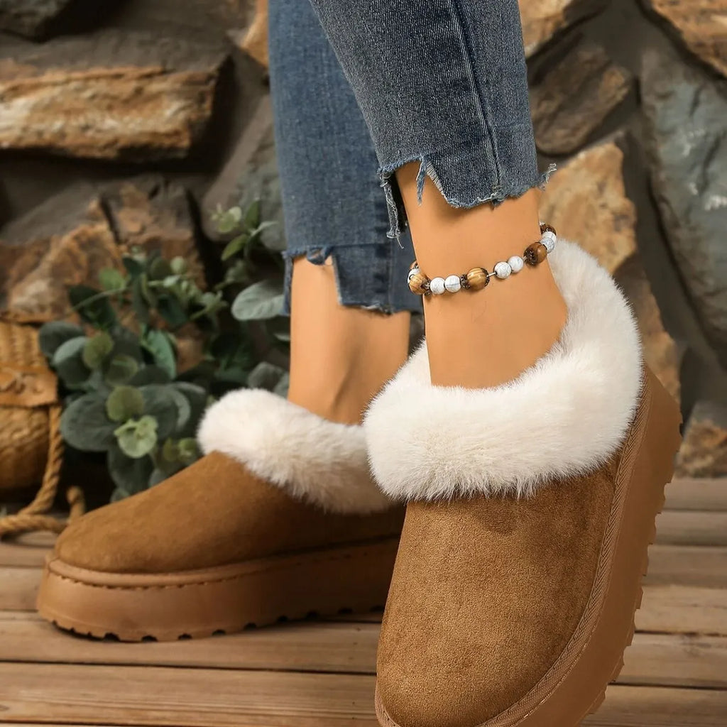 Fuzzy Trim Round Toe Platform Boots