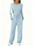 Amazon New European And American Style Slimming Waist-Cinching Fashionable Casual Suit Sports Yoga Spring And Summer Round Neck Long-Sleeved Women's Clothing