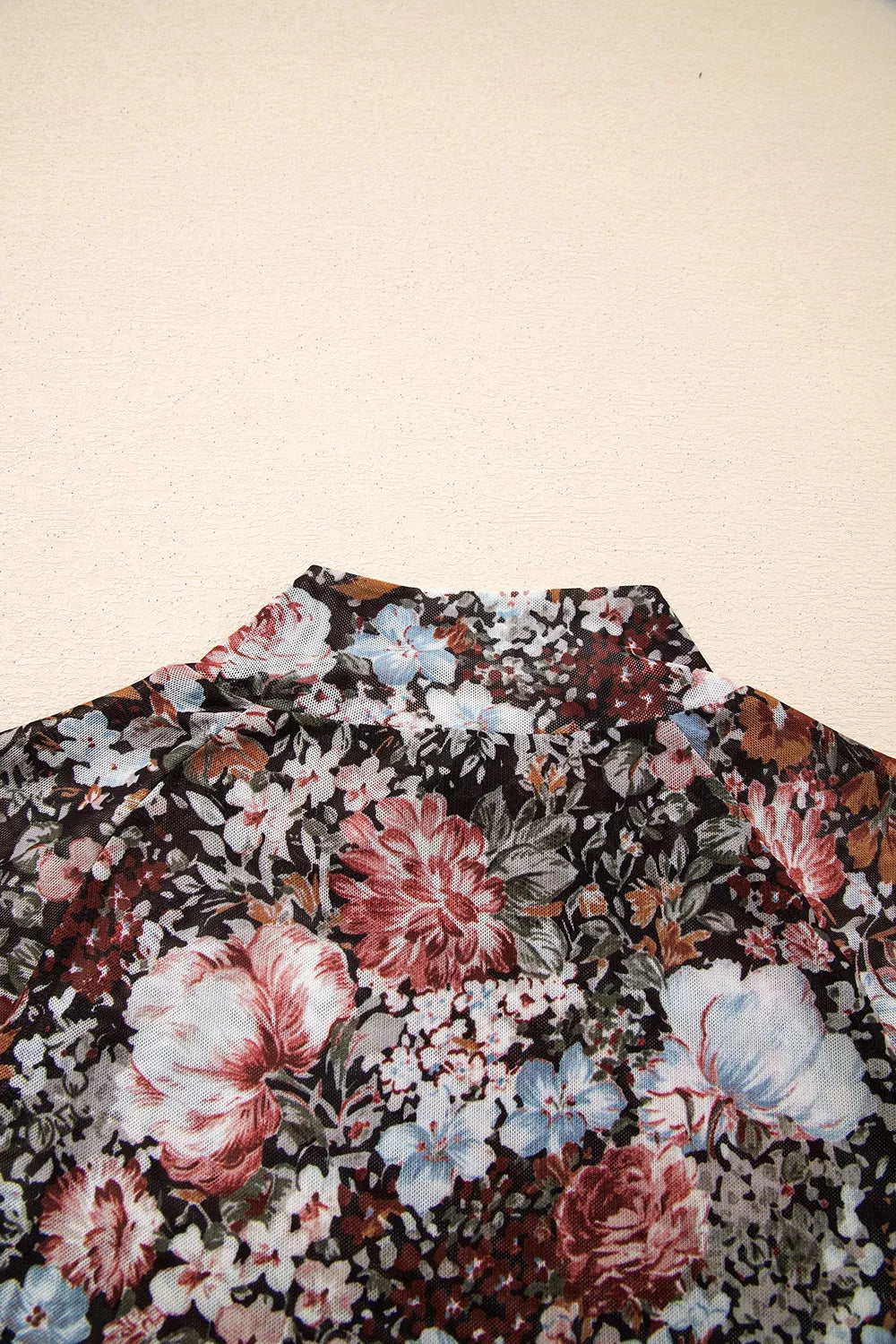 Floral Print Mock Neck Sheer Mesh Top