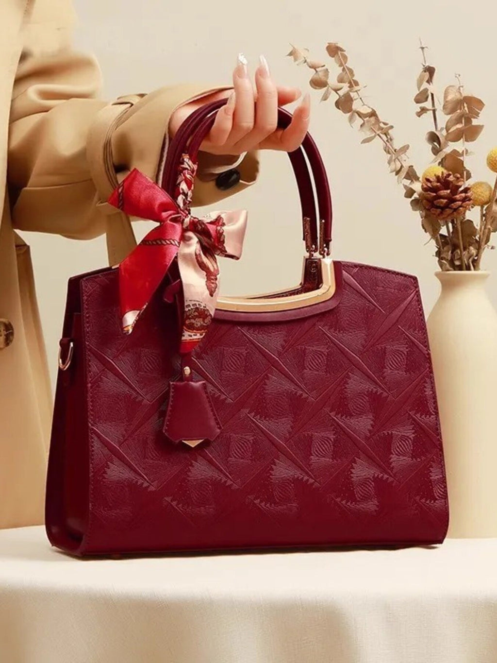 Embossed Leather Top Handle Handbag