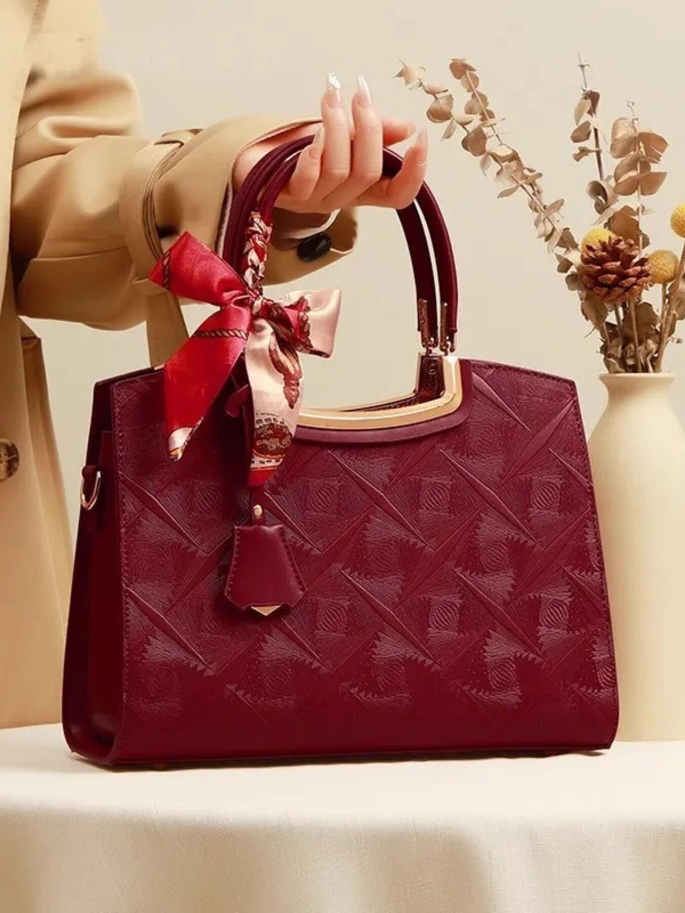 Embossed Leather Top Handle Handbag