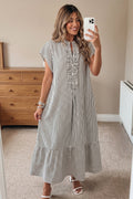 Black Stripe Frilled Detail Half Buttons Short Sleeve Long Dress