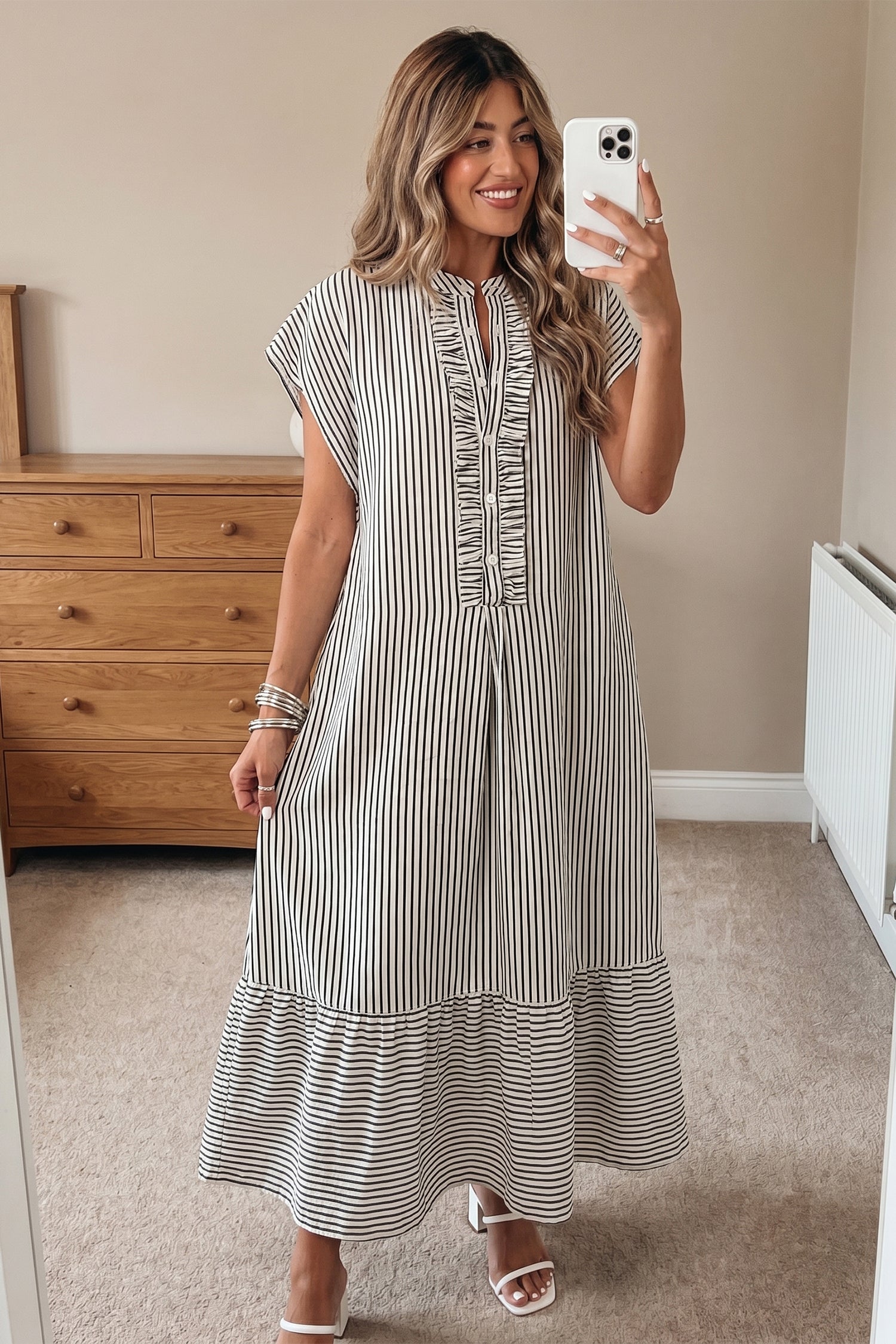 Black Stripe Frilled Detail Half Buttons Short Sleeve Long Dress