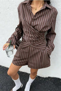 Striped Long-Sleeve Wrap Shirt and Shorts Two-Piece Set