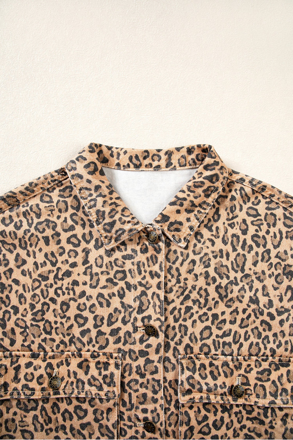 Khaki Leopard Print Collar Long Sleeve Patch Pocket Shift Denim Jacket