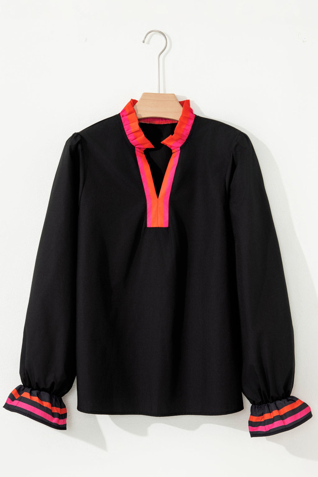 Black Striped Trim Ruffle Split Neck Long Sleeve Blouse