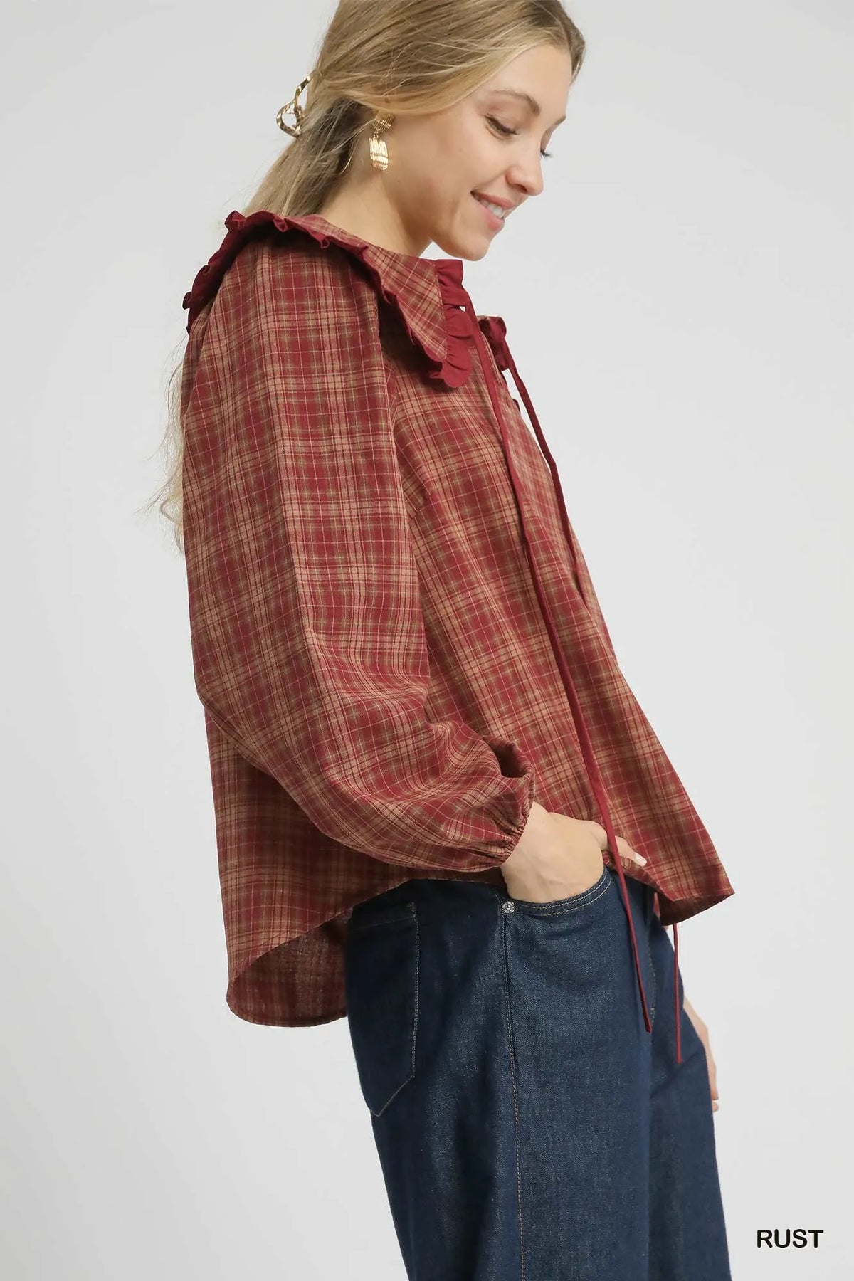 Plaid Ruffle Collar Blouse – Plus Size