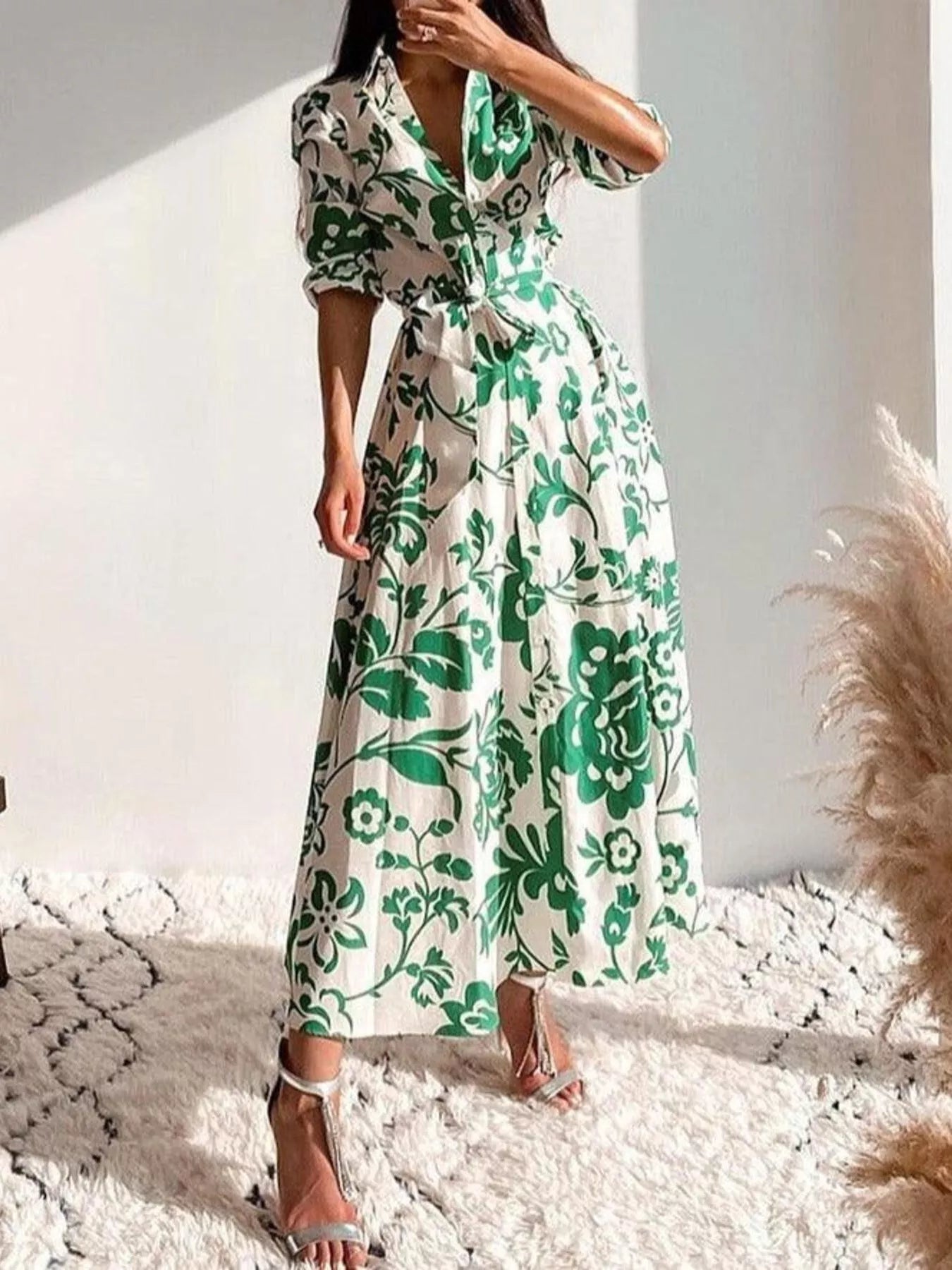 Elegant Floral Print Shirt Dress with Belt
