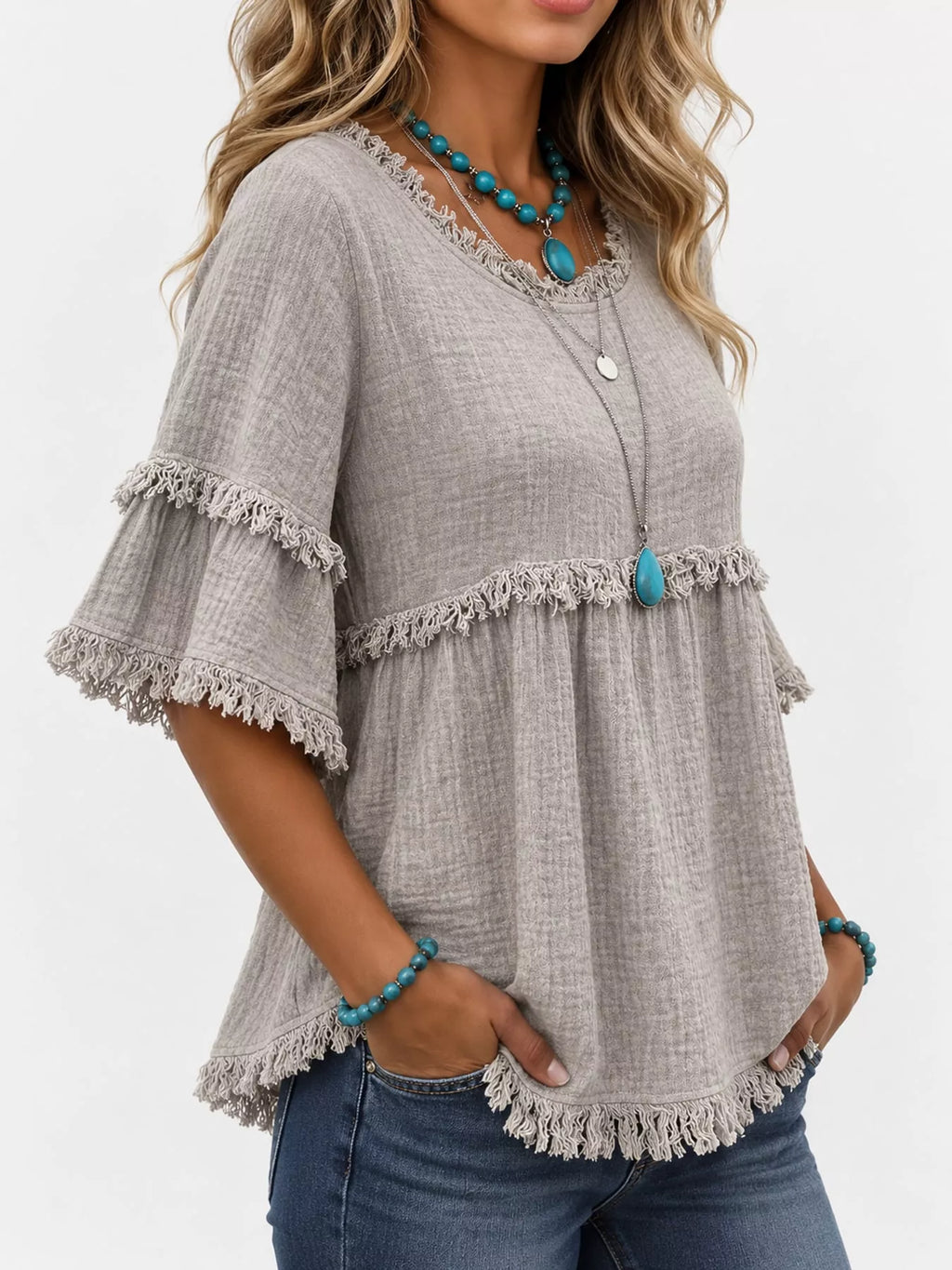 Full Size Frayed Edge Textured Blouse Plus Size
