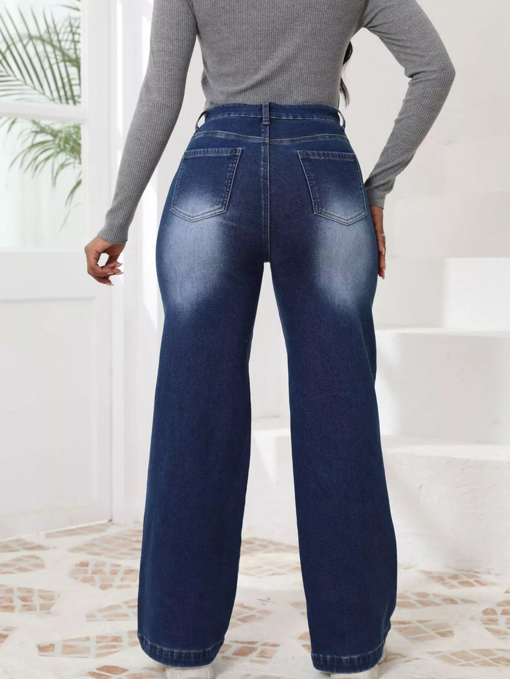 High-Waisted Washed Wide-Leg Jeans