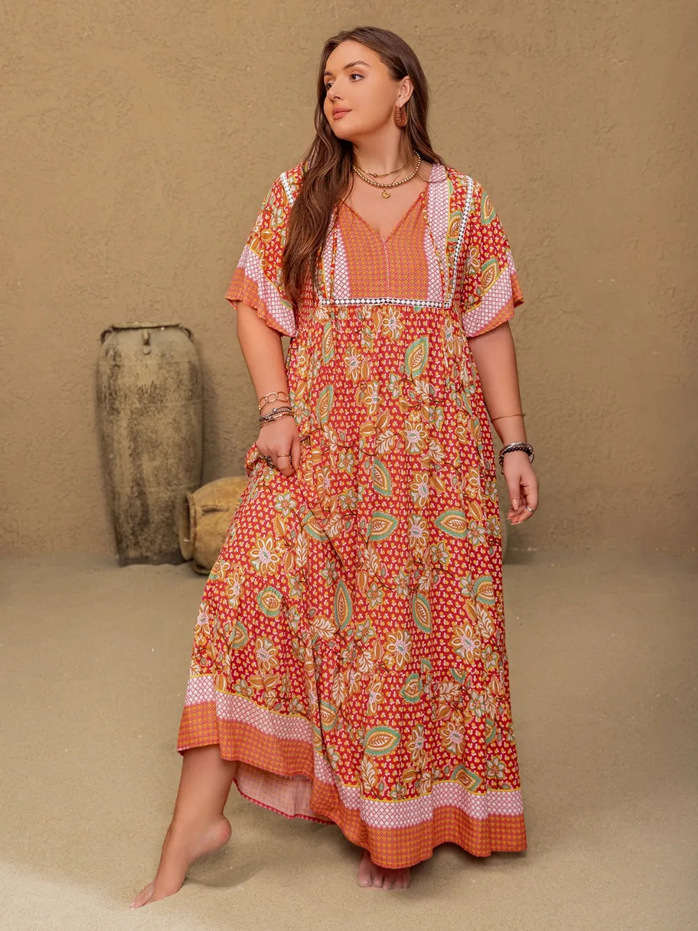 Printed Tie Neck Flutter Sleeve Maxi Dress