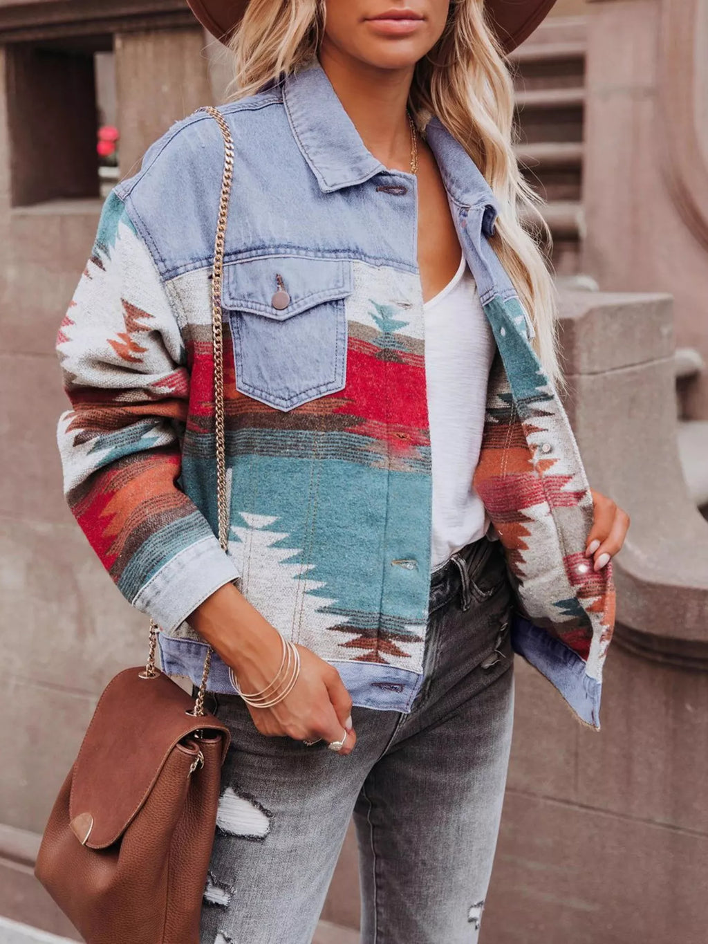 Geometric Print Denim Jacket