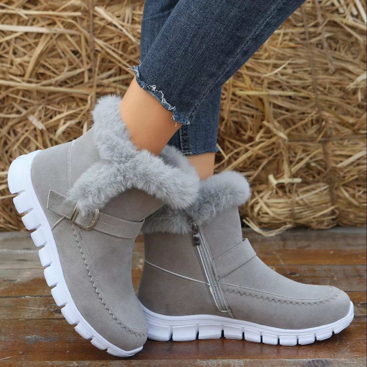 Fuzzy Trim Buckle Boots