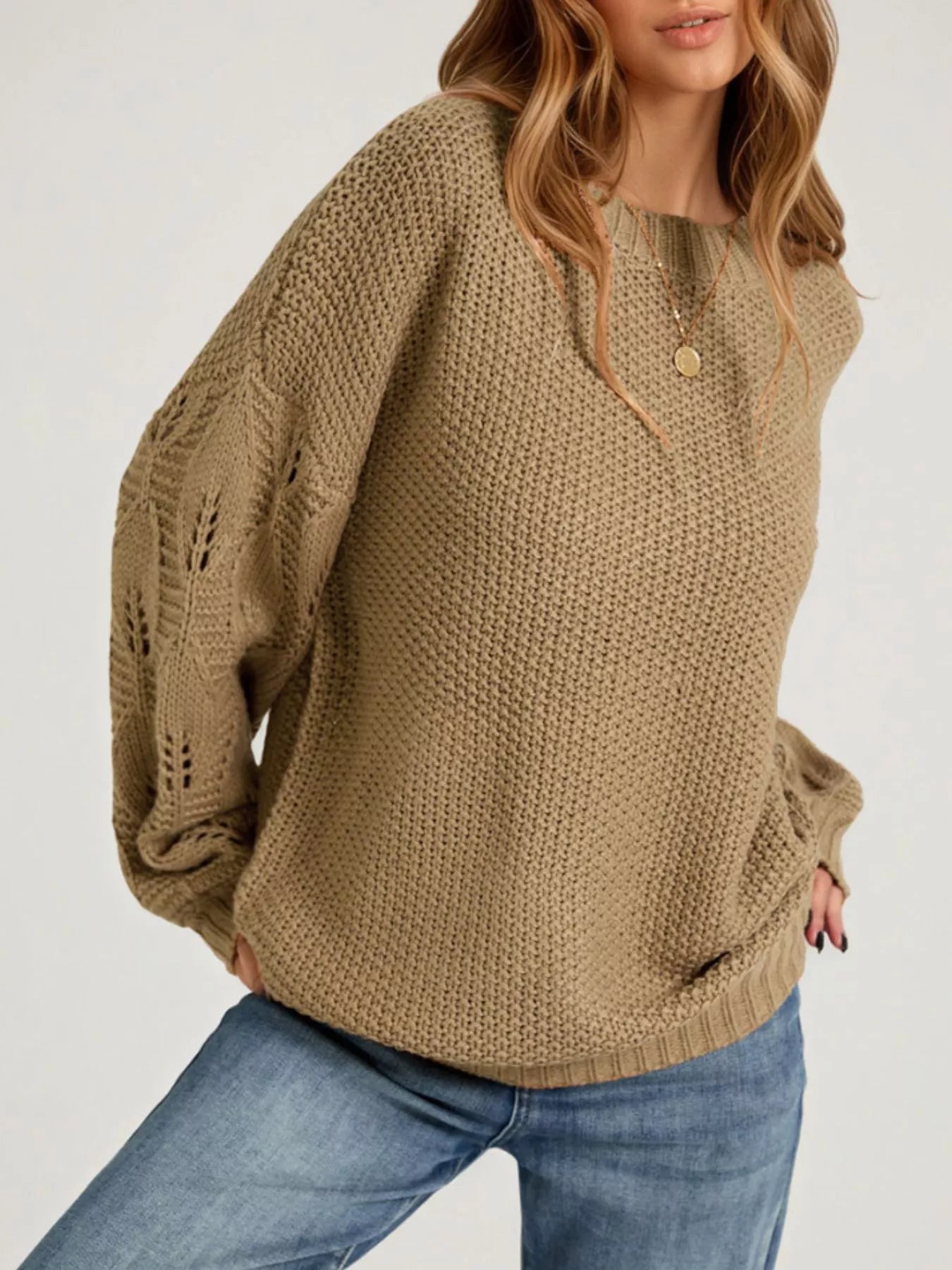 Textured Knit Openwork Dropped Shoulder Sweater
