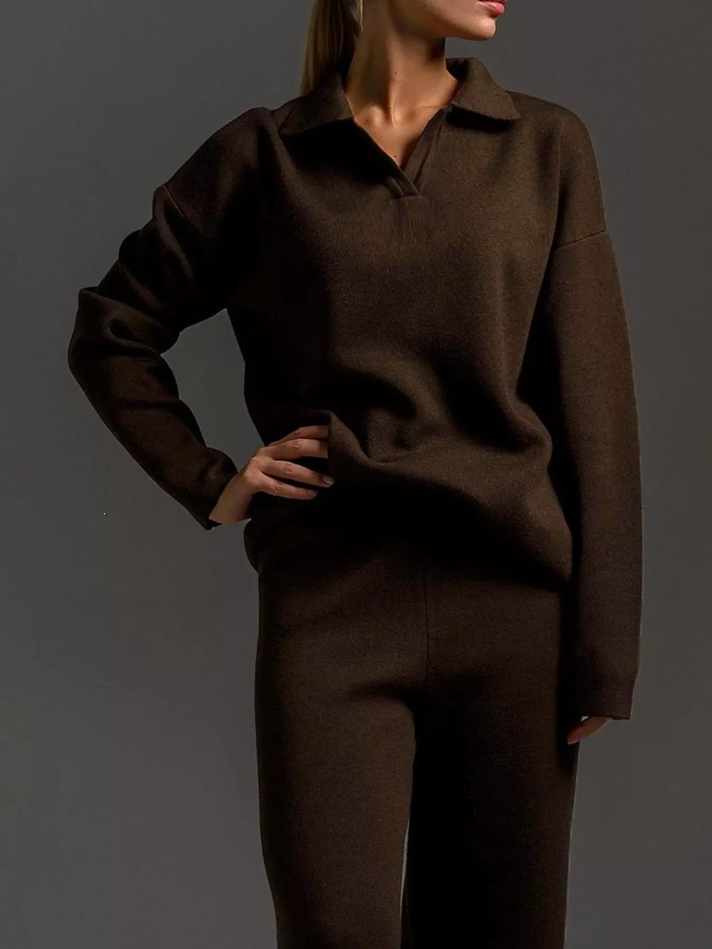 Polo Collar Top and Wide-Leg Pants Set