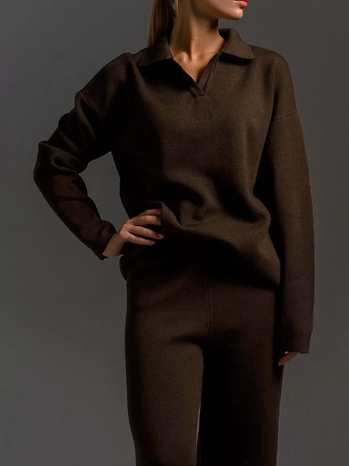 Polo Collar Top and Wide-Leg Pants Set