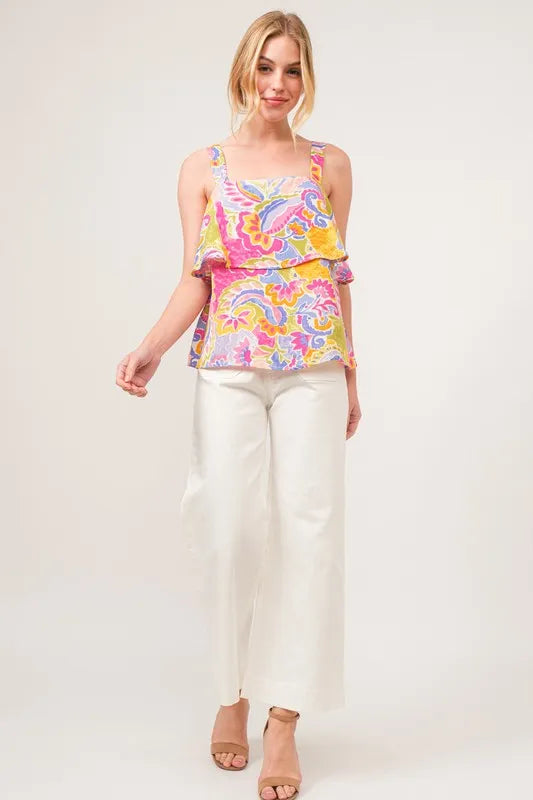 Square Neck Tiered Paisley Print Top