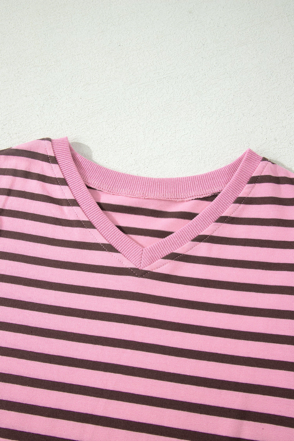 Rose Stripe Striped V-Neck Ribbed Collar Cuff Gathering Puff Sleeve Top