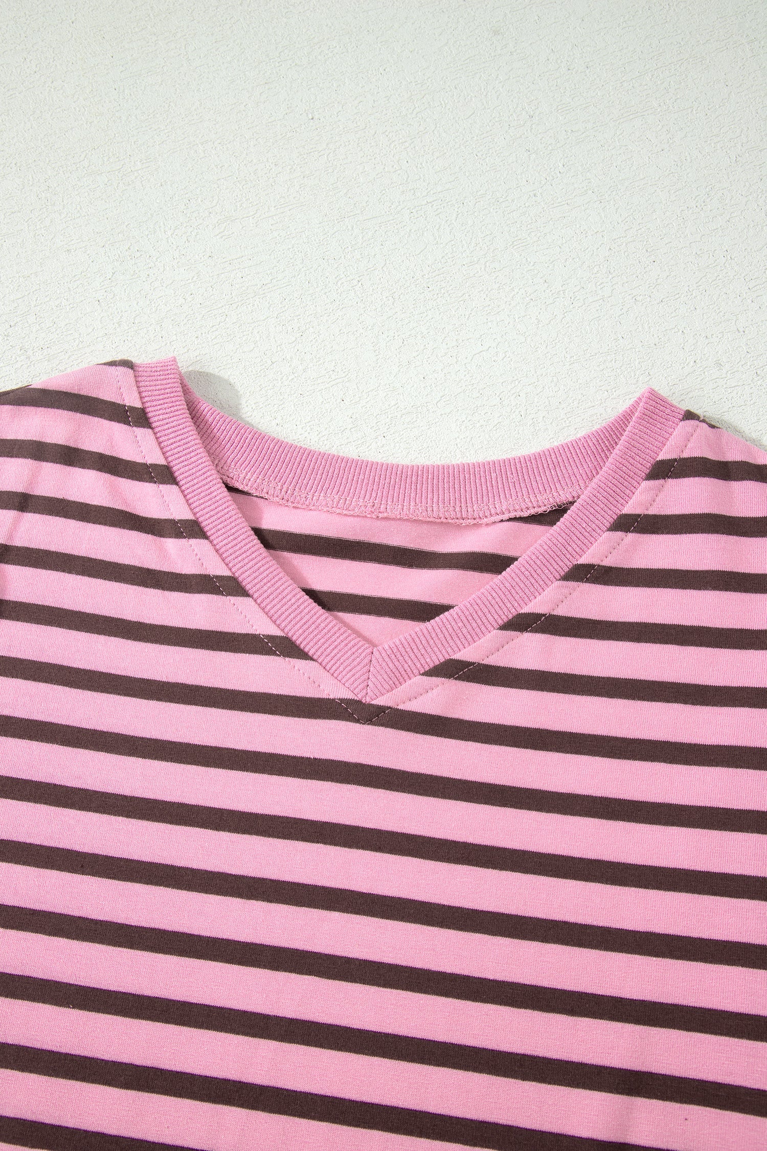 Rose Stripe Striped V-Neck Ribbed Collar Cuff Gathering Puff Sleeve Top