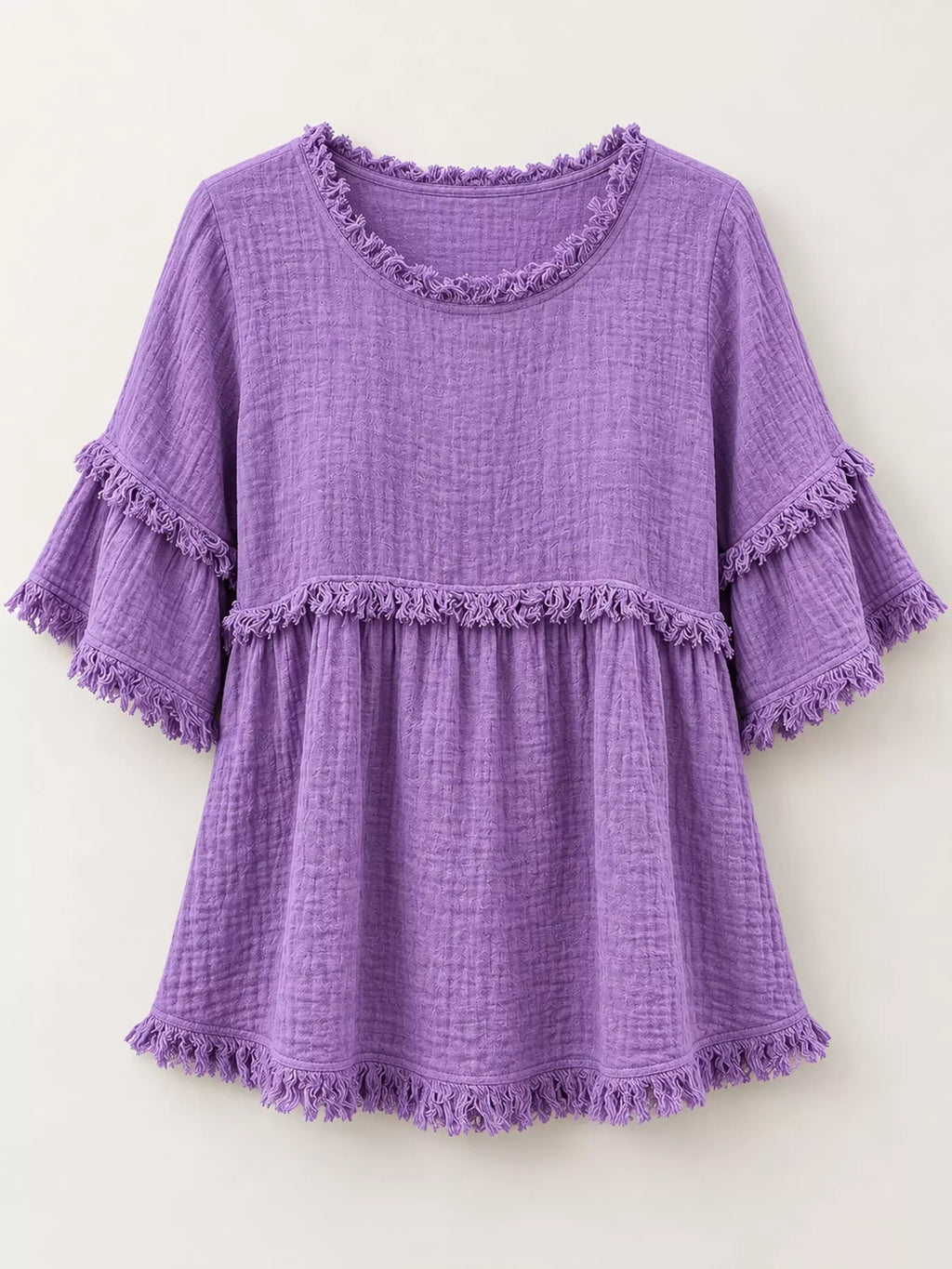 Full Size Frayed Edge Textured Blouse Plus Size