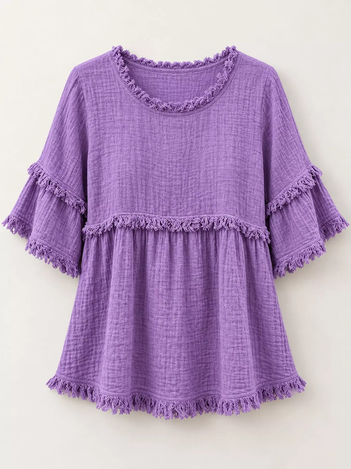 Full Size Frayed Edge Textured Blouse Plus Size