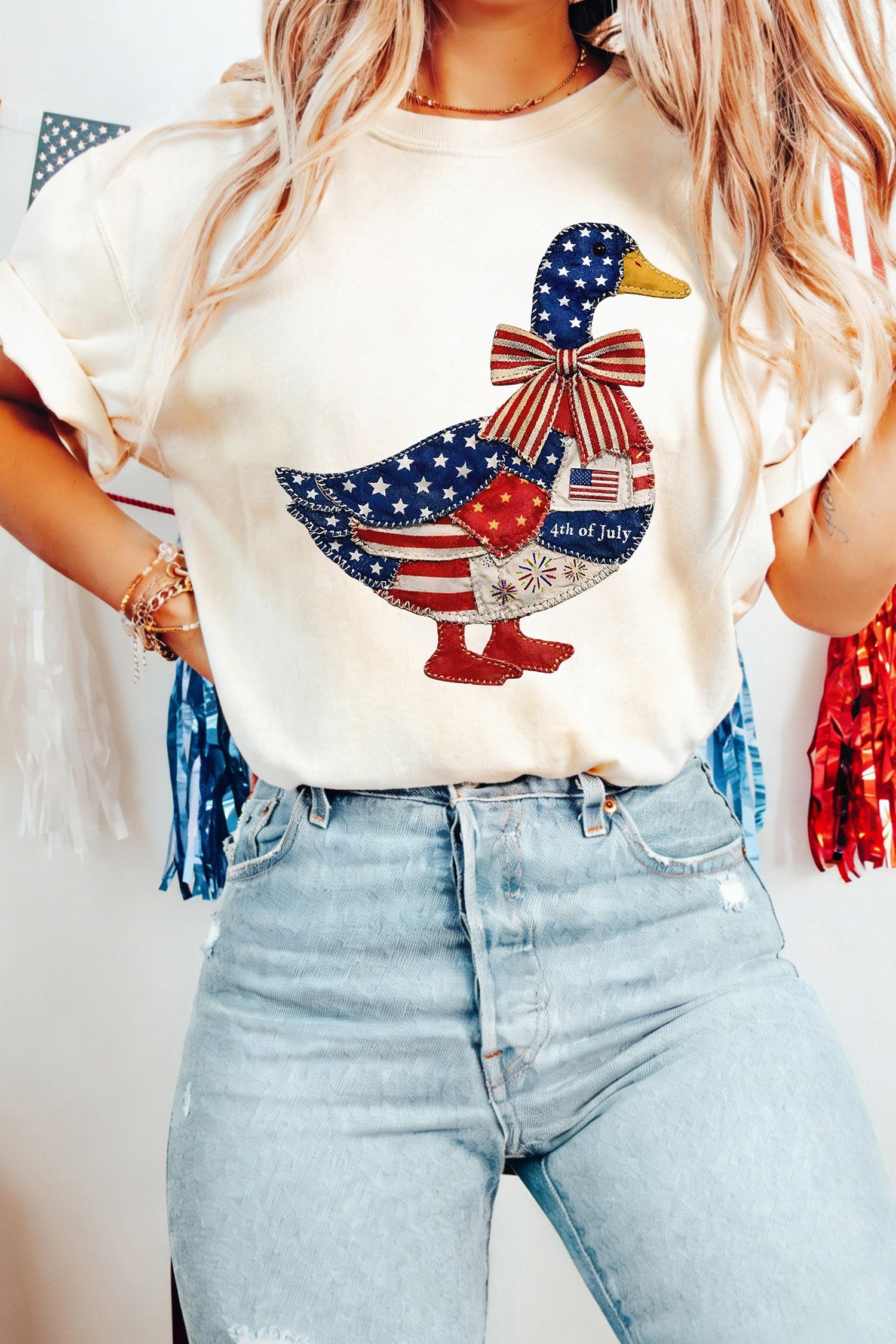 White Patriotic Patchwork Print Duck Graphic Tee