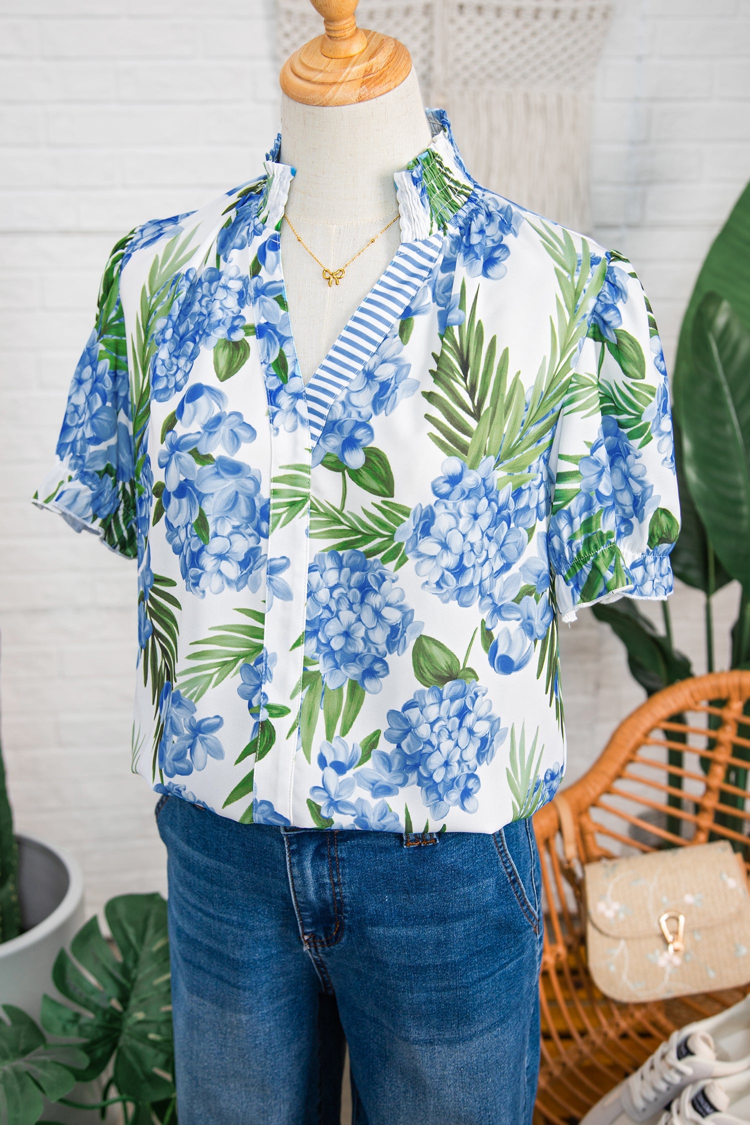 Sky Blue Palm Floral Print Striped Patchwork V Neck Short Sleeve Blouse