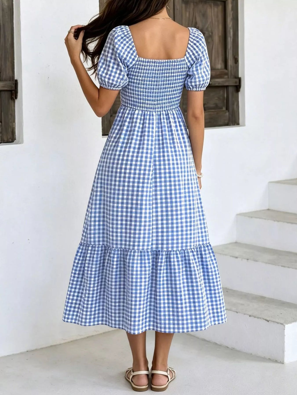 Gingham Smocked Puff Sleeve Midi Dress