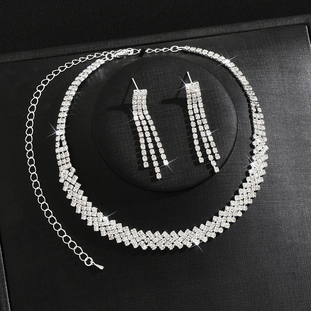 Women 2 Pcs Simple Rhinestone Jewelry Set,Choker Necklace And Earrings,Shiny Costume Accessories For Daily Party Occasion