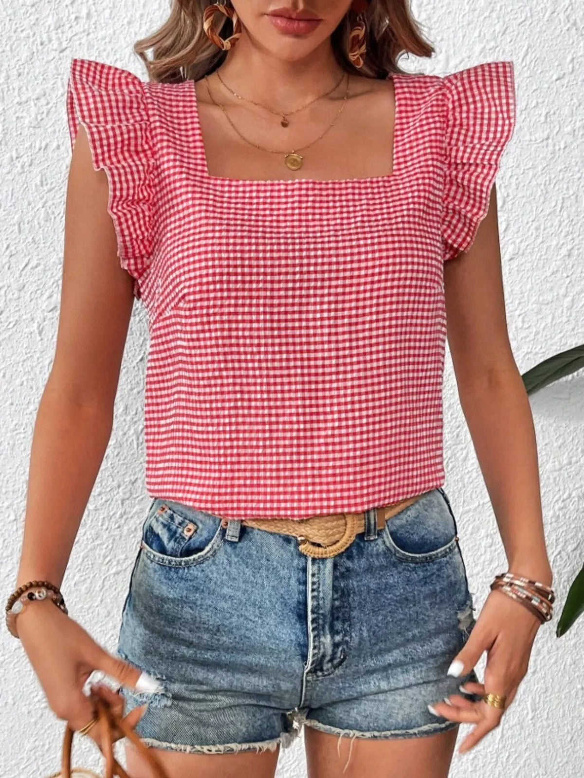Gingham Ruffle Sleeve Square Neck Blouse
