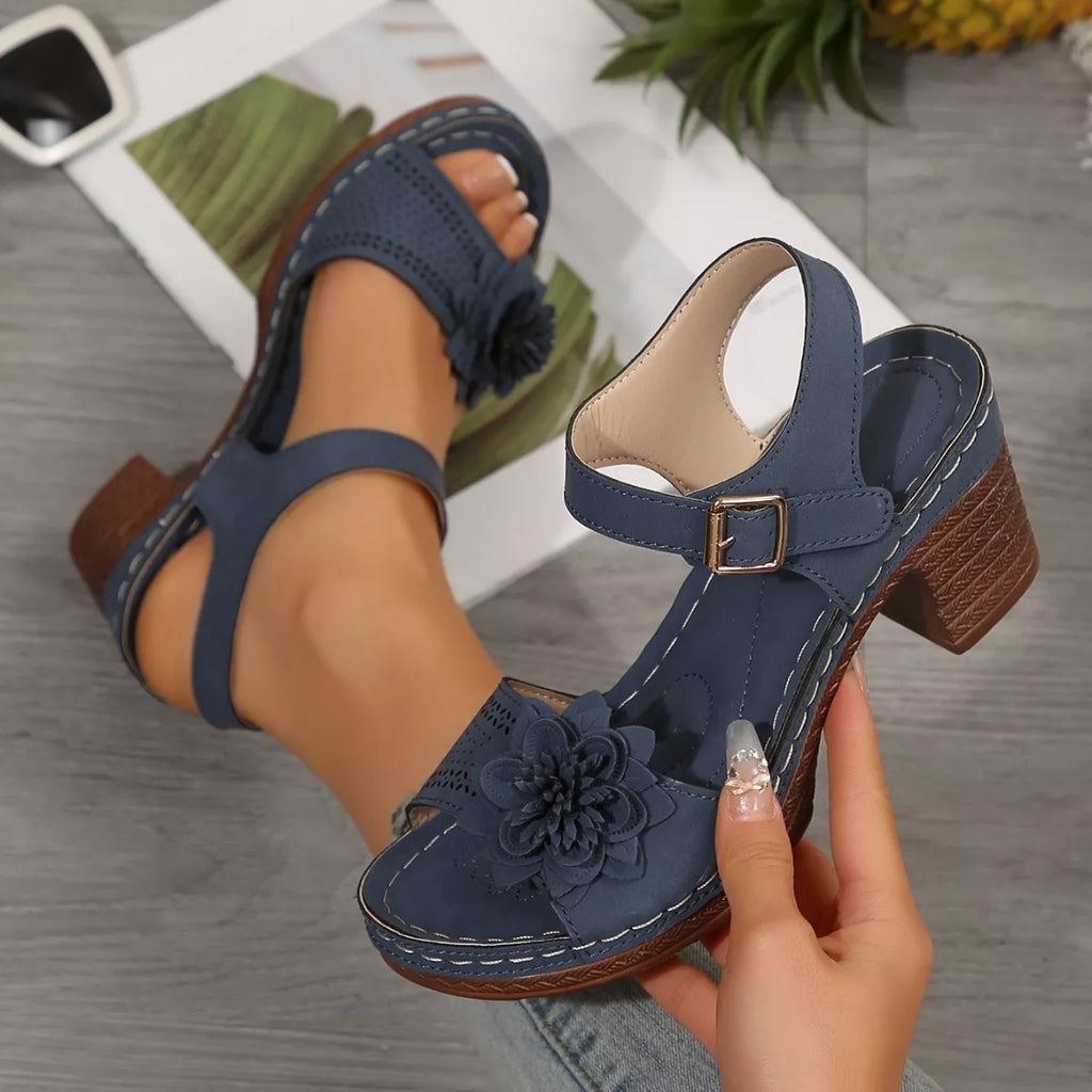 Floral Decor Buckle Ankle Strap Block Heel Sandals