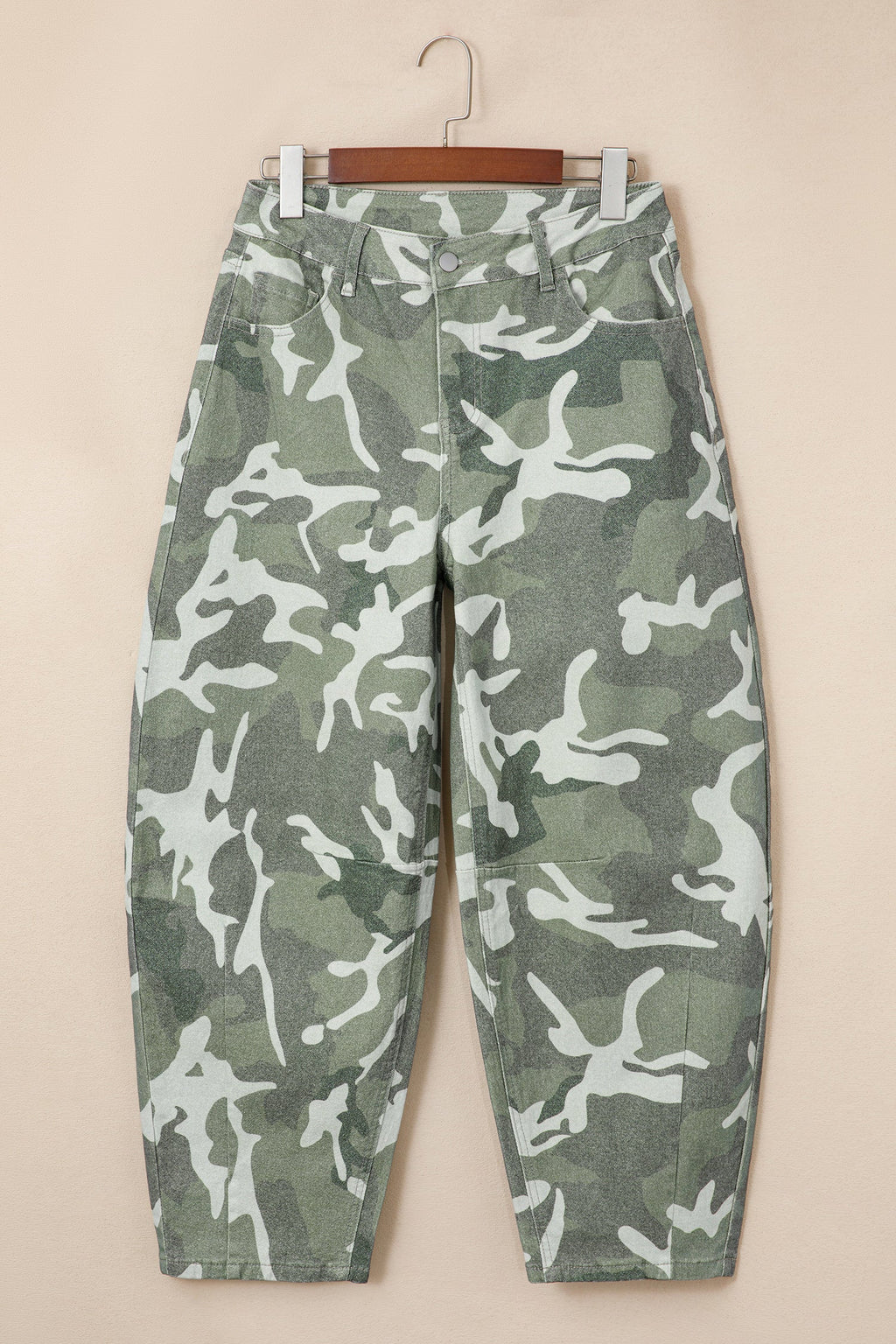 Green Camo Print Button Fly Straight Leg Ankle Length Jeans