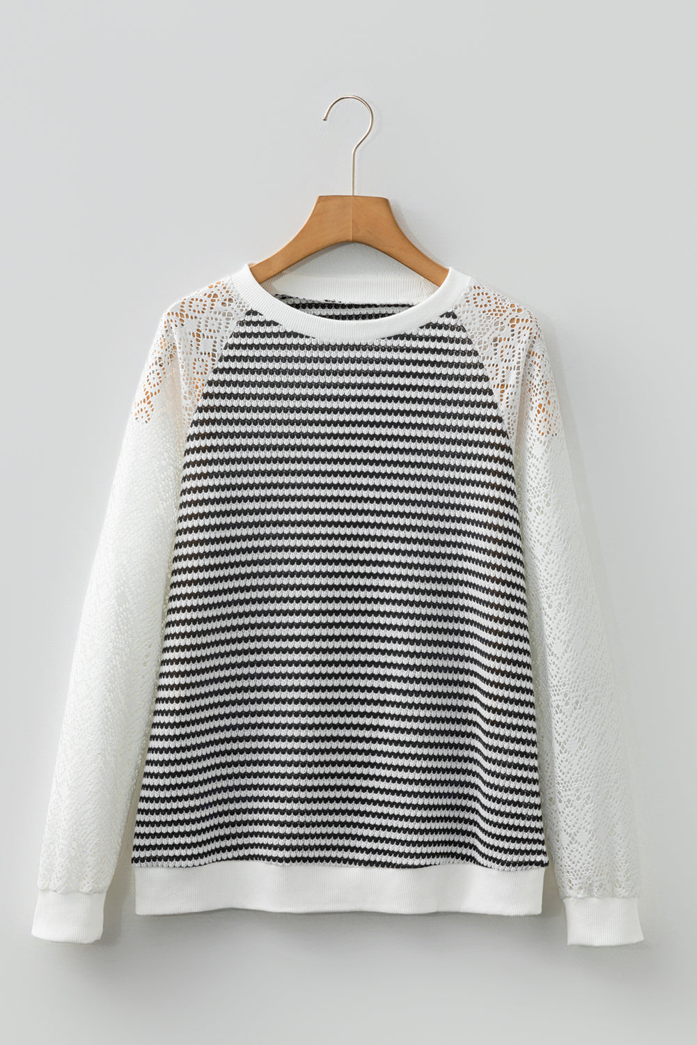 Black Stripe Textured Knit Contrast Hollowed Lace Patchwork Long Sleeve Top