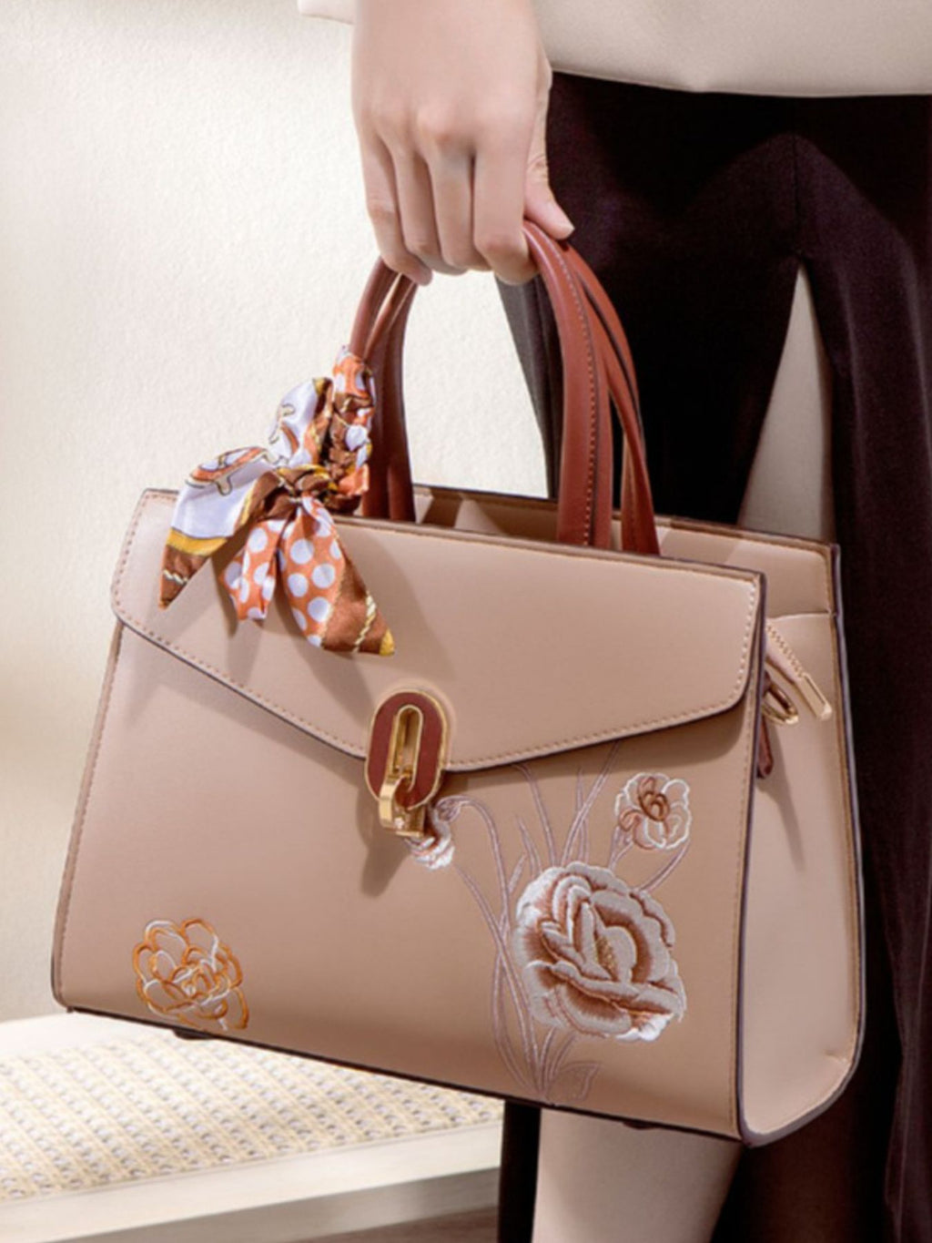 Floral Embroidered Top Handle Handbag
