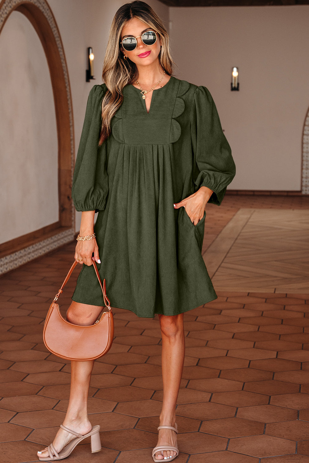 Moss Green Bracelet Sleeve Split Neck Scallop Detail Pleated Corduroy Mini Dress