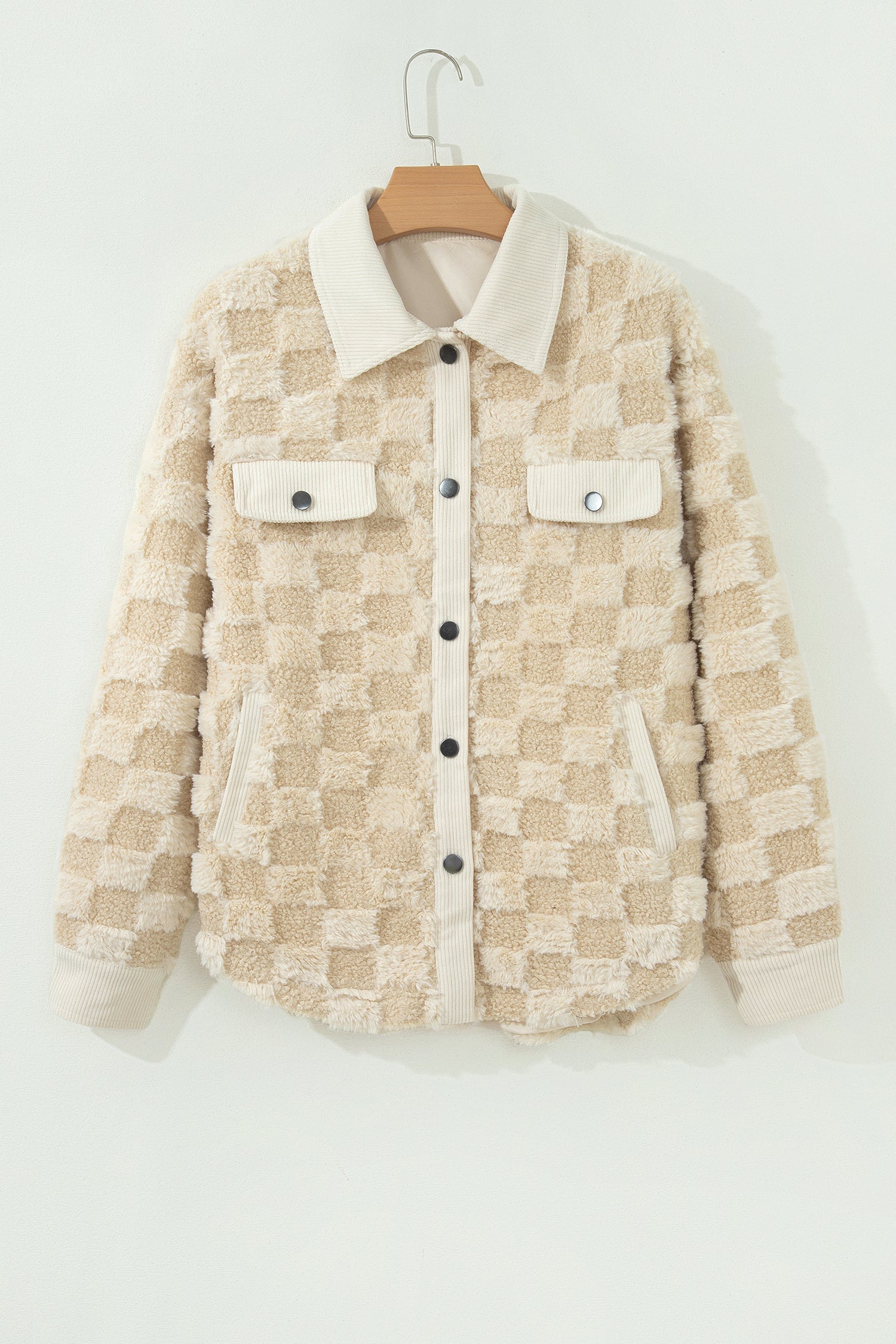 Checker Plush Fleece Corduroy Trim Buttoned Shacket