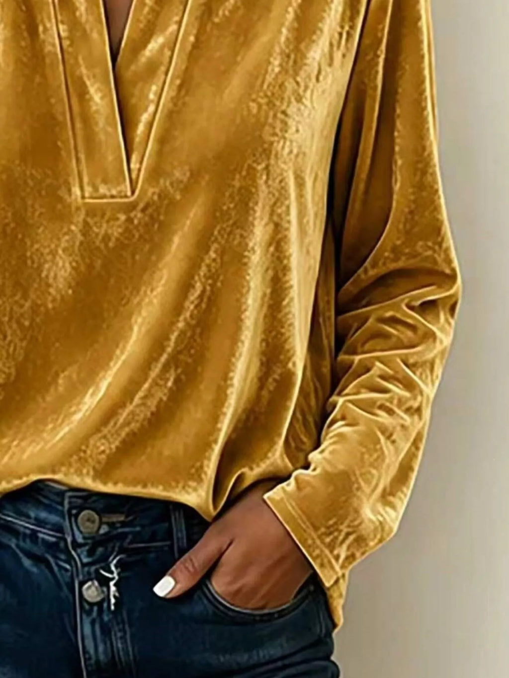 Full Size Velvet Notched Long Sleeve Blouse Plus Size