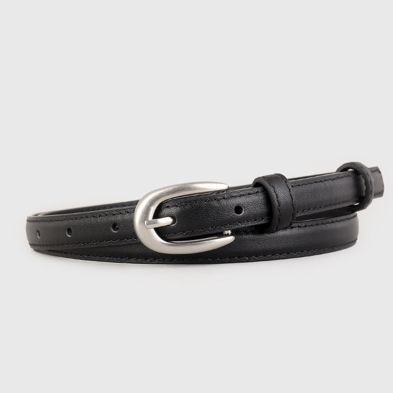 Leather Skinny Belt with Silver Buckle