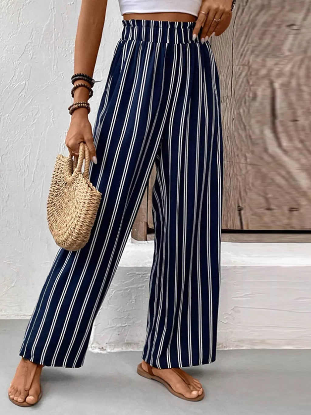 Striped Wide-Leg Pants with Elastic Waistband