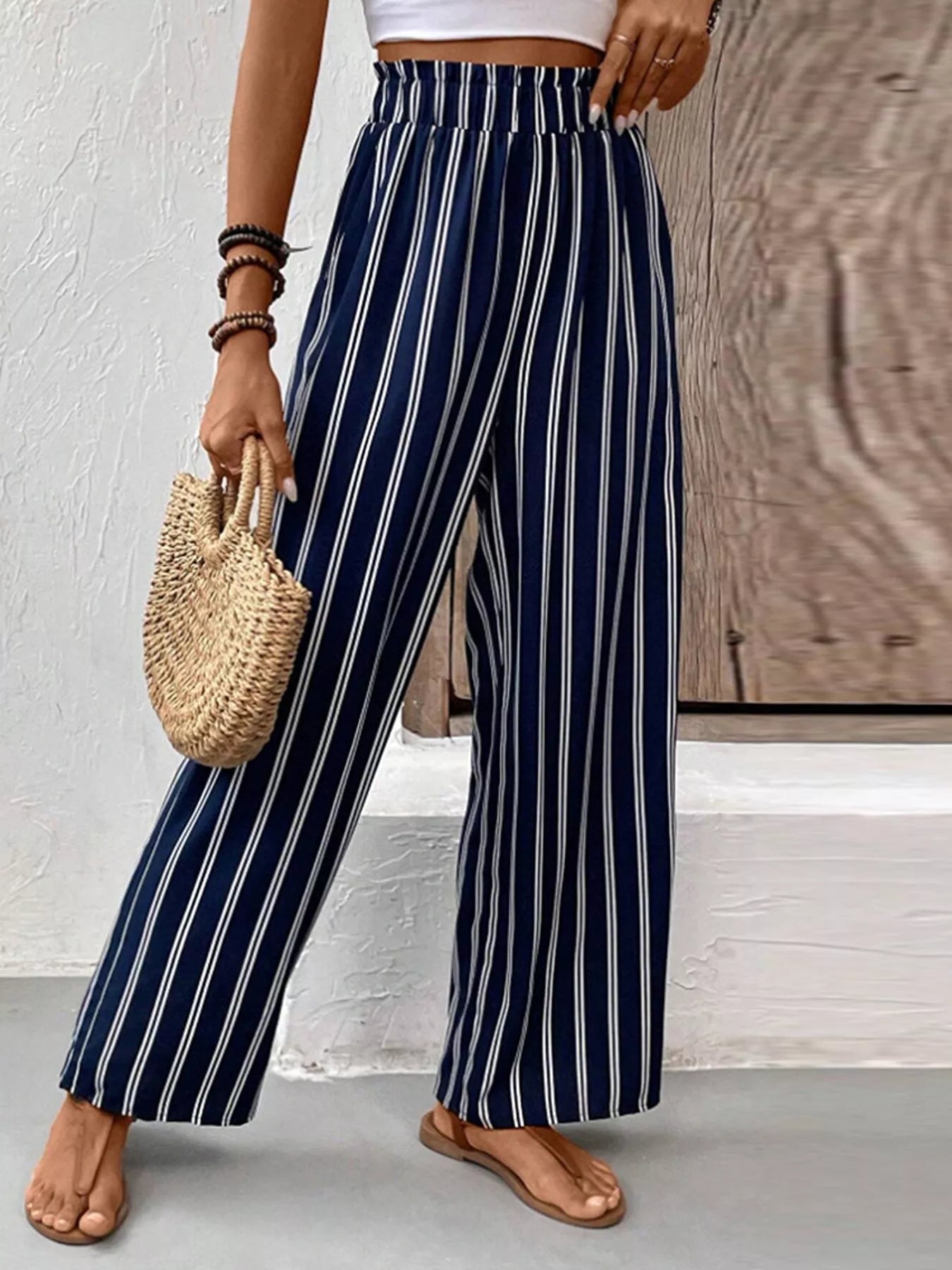 Striped Wide-Leg Pants with Elastic Waistband